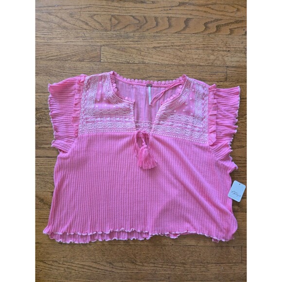 NWT Free People Top- Sarafina Embroidered Top Pink Lemonade Combo Size Large - Picture 1 of 7